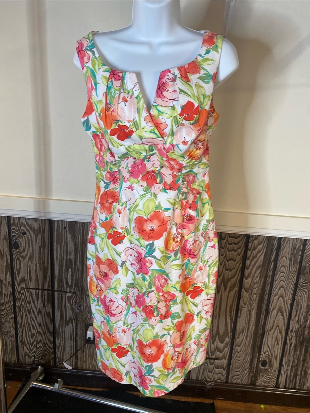 Adrianna Papell Coral, Pink & Green Floral Midi Dress